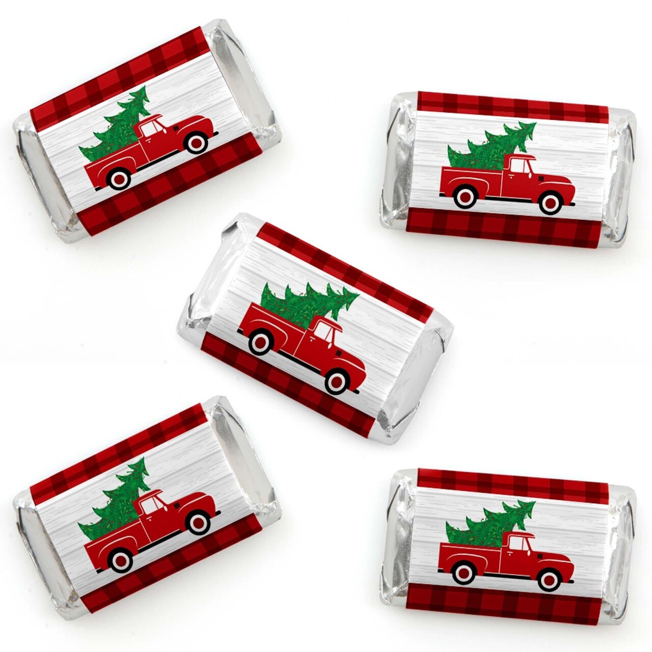 Big Dot of Happiness Merry Little Christmas Tree - Mini Candy Bar Wrapper Stickers - Red Truck Christmas Party Small Favors - 40 Count